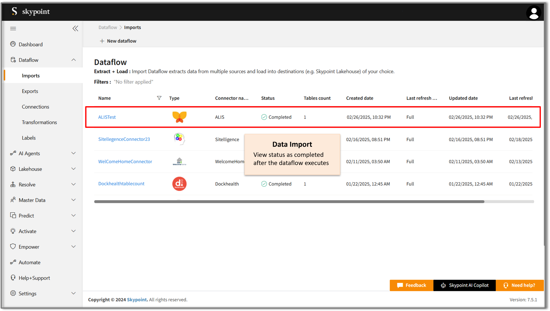 data import from alis to skypoint ai