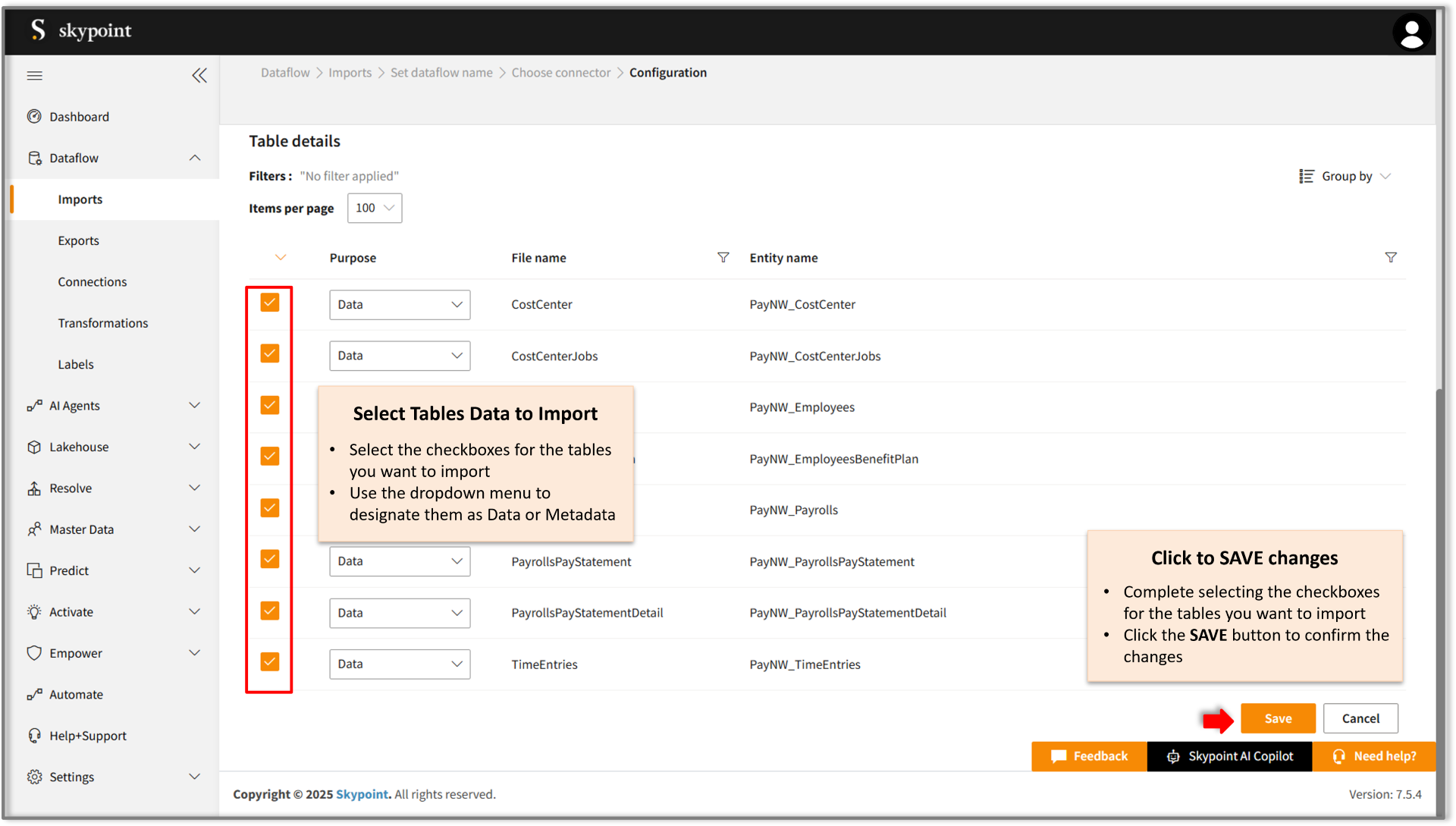 Select tables to import paynw data into skypoint ai