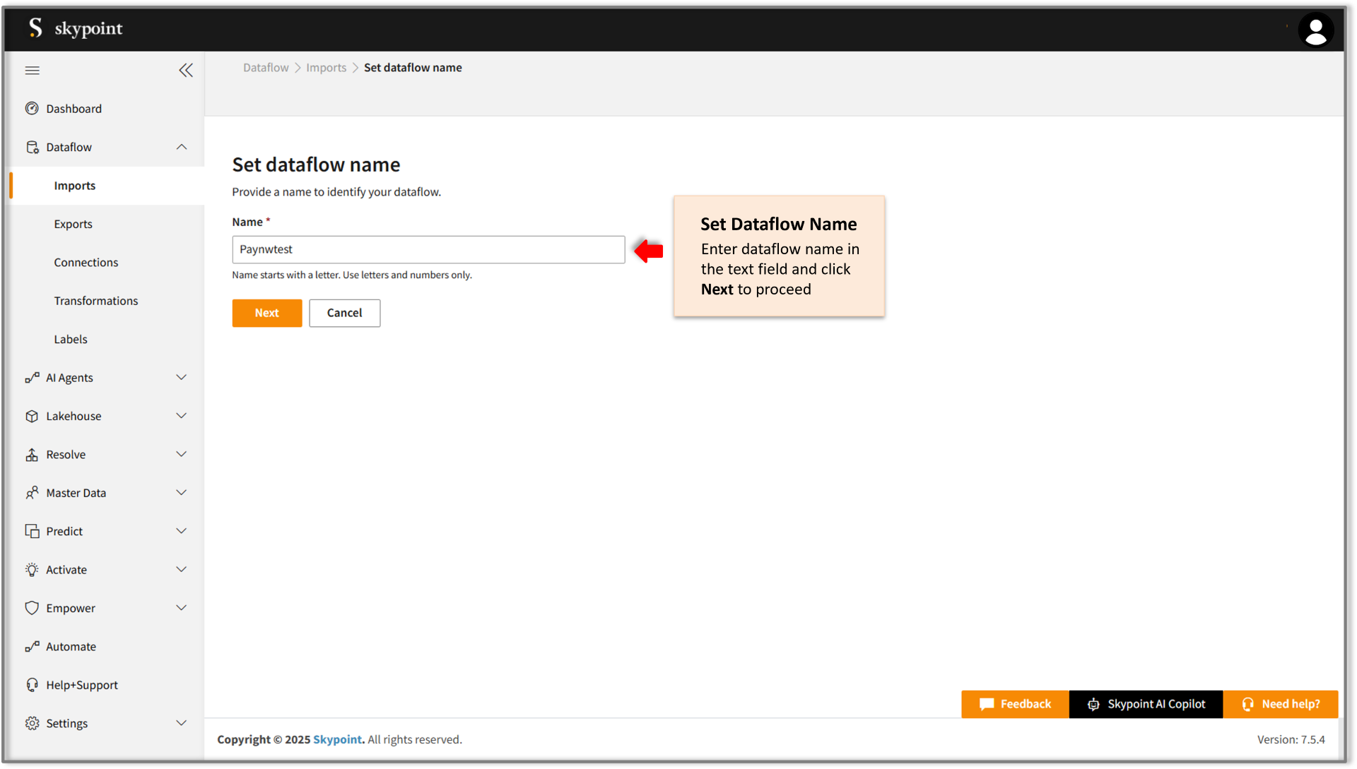 Key in dataflow name for paynw